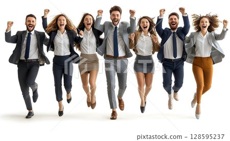Diverse professional team leaping with unrestrained excitement and triumph 128595237