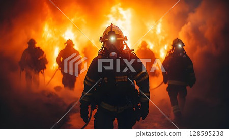 Firefighters courageously confront blazing inferno, battling the flames together 128595238