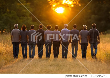 Diverse group facing sunrise, unity and future aspirations concept Diverse group facing sunrise, unity and future aspirations concept 128595239