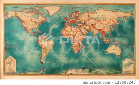 Antique world map featuring aged paper and intricate cartographic details 128595243