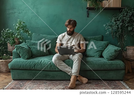 Relaxed bearded man using laptop on a comfortable green sofa at his apartment Relaxed bearded man using laptop on a comfortable green sofa at his apartment 128595244