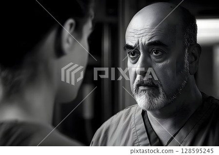 Concerned medical professional facing a younger colleague in monochrome setting 128595245