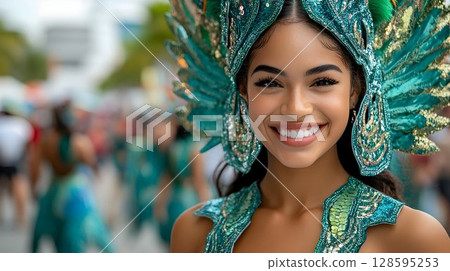 Smiling woman in vibrant turquoise carnival costume on parade celebration Smiling woman in vibrant turquoise carnival costume on parade celebration 128595253