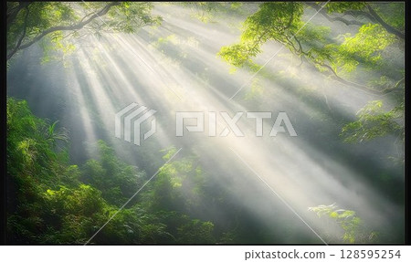 Ethereal Light Rays Illuminating a Lush Green Forest Canopy Scene Ethereal Light Rays Illuminating a Lush Green Forest Canopy Scene 128595254