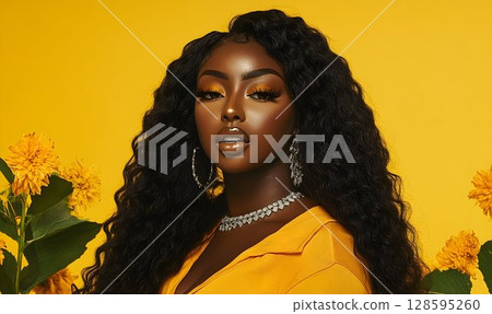 Striking portrait of a woman in yellow attire with floral accents and radiant skin 128595260