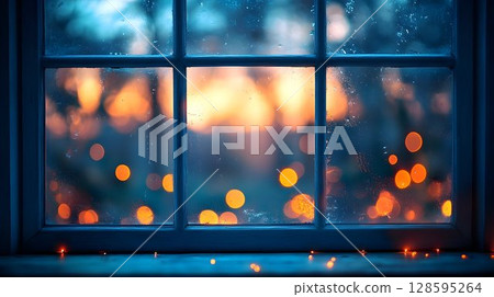 Window view with bokeh lights, representing winter evenings and cozy atmosphere 128595264