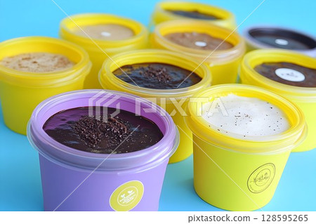 Assorted Colorful Dessert Cups Featuring Various Sweet Toppings on Blue Surface Assorted Colorful Dessert Cups Featuring Various Sweet Toppings on Blue Surface 128595265