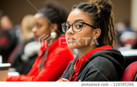 Contemplative young woman wearing glasses in a collaborative environment 128595266