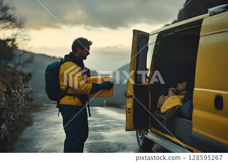 Emergency Assistance in the Mountains Rescue Team Delivering Supplies with Van 128595267