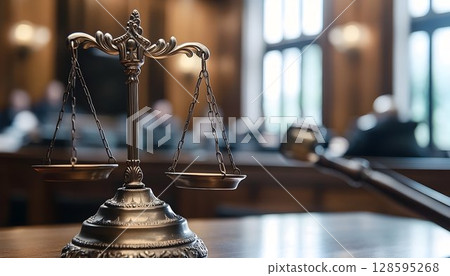 Scales of justice embody legal concepts in courtroom environment representation 128595268