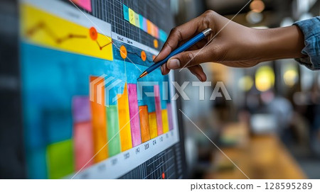 Analyzing financial charts on screen with a pen during a business review 128595289