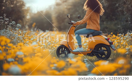 Woman riding a yellow scooter through a picturesque meadow filled with flowers Woman riding a yellow scooter through a picturesque meadow filled with flowers 128595290