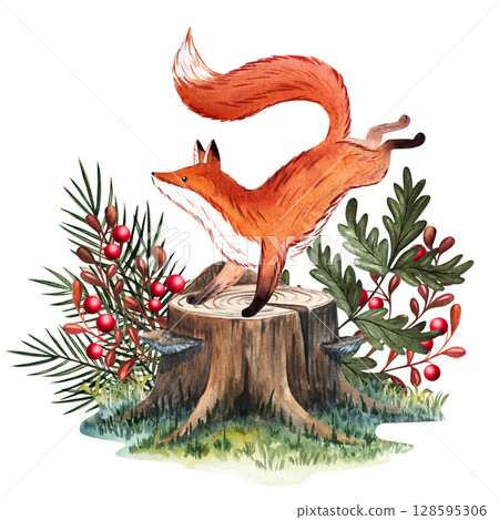 Watercolor composition of cute red fox jumping on stump with mushrooms, leaves and stars in Russian fairytale style, hand painted illustration for decor packaging and storybook design Watercolor composition of cute red fox jumping on stump with mushrooms, leaves and stars in Russian fairytale style, hand painted illustration for decor packaging and storybook design 128595306