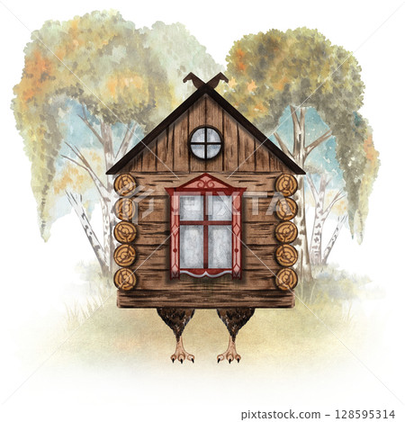 Baba Yaga Hut on Chicken Legs Magical Russian Fairy Tale Watercolor Illustration with Autumn Birches, Kids Decor, Storybook Art Baba Yaga Hut on Chicken Legs Magical Russian Fairy Tale Watercolor Illustration with Autumn Birches, Kids Decor, Storybook Art 128595314
