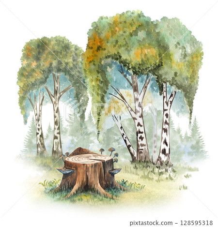 Enchanted Autumn Stump Whimsical Russian Fairy Tale Watercolor Illustration with Golden Birch Forest for Kids Decor, Storybooks 128595318