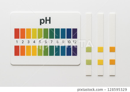 Colorful ph test strips with indicator chart for accurate chemical measurement on white background. concept of scientific experiment, laboratory equipment, chemical testing 128595329