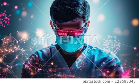 Futuristic medical professional analyzing data with augmented reality gear 128595343
