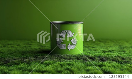 Green future: A vibrant metal tin displaying recycle logo on a lawn backdrop 128595344