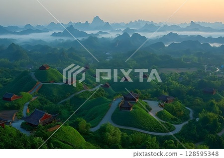 Enchanting Chinese Hillside Villages amidst Verdant Landscape and Mist 128595348