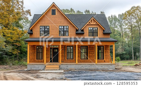 Craftsman style home with cedar shingles and black trim nestled in the trees 128595353