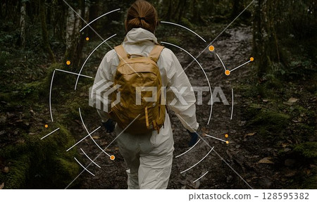 Scientist exploring the wilderness with digital augmentation technology 128595382