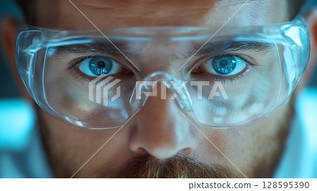 Focused Scientist Gazing Through Safety Goggles in a Laboratory Setting 128595390
