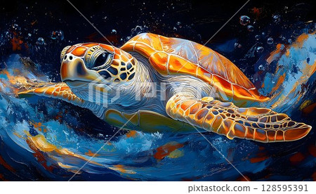 Majestic sea turtle elegantly gliding through vibrant blue ocean waters 128595391