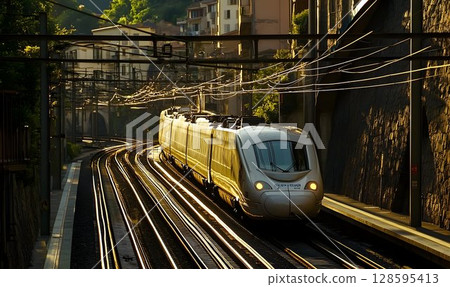 Modern high-speed train approaching station under golden sunlight in Europe 128595413