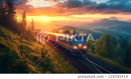 Passenger train journey at golden sunset hour through lush forested landscape Passenger train journey at golden sunset hour through lush forested landscape 128595414