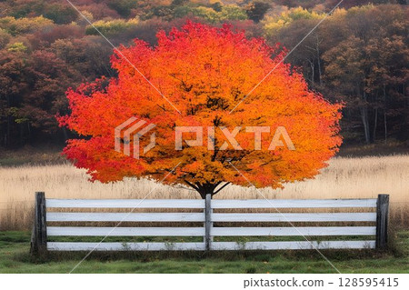 Radiant autumn foliage graces the rural landscape behind a rustic white fence Radiant autumn foliage graces the rural landscape behind a rustic white fence 128595415