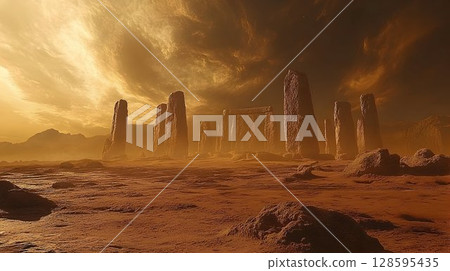 Mystical megalithic monument under a dramatic sky, ancient stone circle 128595435