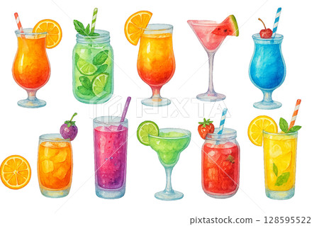 Png set of watercolor summer drinks with fruits and ice isolated on transparent background. concept of tropical beverages, party elements, exotic refreshing cocktails clip art 128595522