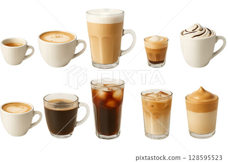 Png assortment of coffee drinks isolated on transparent background. concept of cafe beverages, espresso, latte, cappuccino, iced coffee collection, morning refreshment design. 128595523