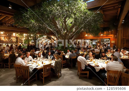 Festive atmosphere inside a unique restaurant with a large indoor tree 128595606