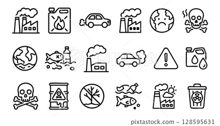 Black and white environmental pollution icons set with factories, cars, earth, skull, fish, trees, and trash can. concept of ecology, hazard, emission, waste, pollution 128595631