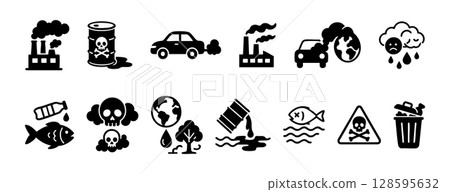 Environmental pollution icons set featuring factories, cars, and oil drums with skull symbols, graphic illustration. concept of pollution, danger, waste, eco-awareness, design element. Environmental pollution icons set featuring factories, cars, and oil drums with skull symbols, graphic illustration. concept of pollution, danger, waste, eco-awareness, design element. 128595632
