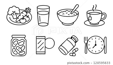 Set of healthy food and drink icons including vegetables, water glass, cereal bowl, coffee cup, jar, wrapped bar, pill bottle, and clock isolated on white background. 128595633