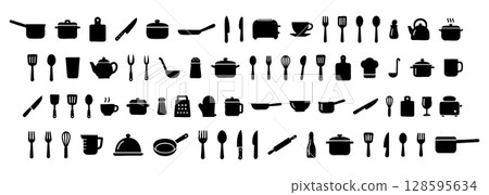 Set of Black silhouettes of kitchen utensils and appliances, isolated on white background, graphic illustration. concept of cookware, cutlery, kitchen tools, cooking accessories, design elements Set of Black silhouettes of kitchen utensils and appliances, isolated on white background, graphic illustration. concept of cookware, cutlery, kitchen tools, cooking accessories, design elements 128595634