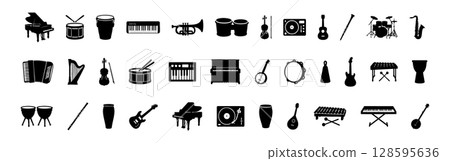Set of black silhouettes of various musical instruments isolated on white background, graphic illustration. concept of music icons, instruments, design elements, art, decor 128595636