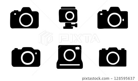 Set of Black silhouette of different camera icons isolated on white background, graphic illustration. concept of photography, camera icon, digital device, gadget, logo, design element 128595637
