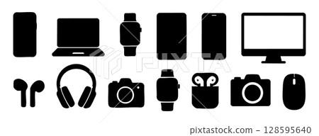 Black silhouettes of electronic devices isolated on white background, graphic illustration. concept of gadget, technology, modern electronics, icon, design element, digital. Black silhouettes of electronic devices isolated on white background, graphic illustration. concept of gadget, technology, modern electronics, icon, design element, digital. 128595640