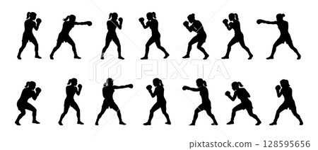 Black silhouette of female boxer in various boxing poses, isolated on white background, graphic illustration. concept of athlete, sport, fitness, martial arts, design element 128595656