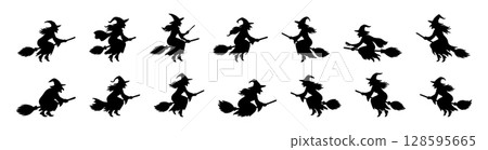 Black silhouette of witch flying on broomstick in various poses, set of halloween elements isolated on white background. concept of magic, folklore, spooky decoration, festival. 128595665