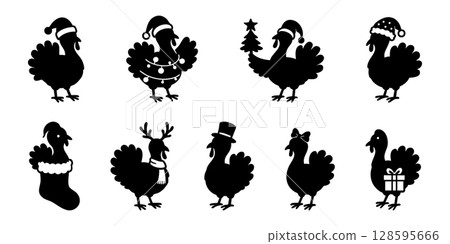Set of Black silhouette of turkeys in various festive poses, graphic illustration. concept of holiday, christmas theme, santa hats, gifts, turkey decor, celebration design, Thanksgiving 128595666