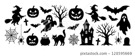 Halloween Set of black silhouettes of icons isolated on white background, featuring witch, ghost, bat, pumpkin. concept of spooky decorations, festive elements, seasonal art, design. 128595669