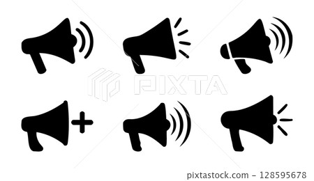 Set of black megaphone icons in various styles on white background, graphic illustration. concept of communication, announcement, sound, broadcasting, icon, logo, design element 128595678