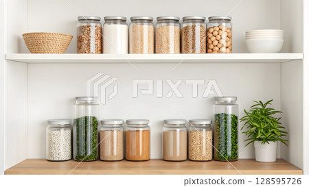 Organizing a kitchen pantry with clear jars and natural elements for a clean look 128595726