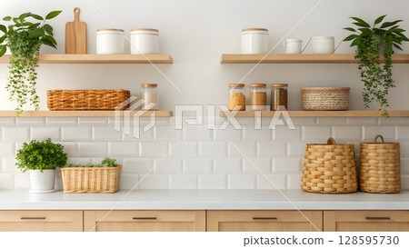 Modern kitchen shelf display with plants and organized jars in a sunny interior space 128595730