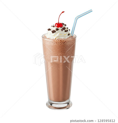 Chocolate milkshake with whipped cream and cherry a refreshing cold dessert beverage in a glass 128595812