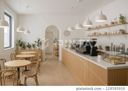 A Bright, Minimalist Cafe Interior Featuring Cozy Seating Arrangements and Modern Decor, Perfect for Relaxing and Enjoying Fresh Brews 128595910